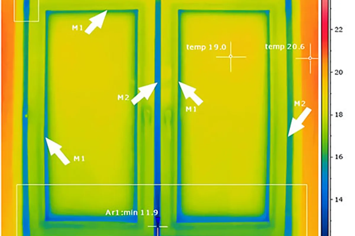 Termogram z kamery termowizyjnej - mostki cieplne przy oknie niewidoczne gołym okiem